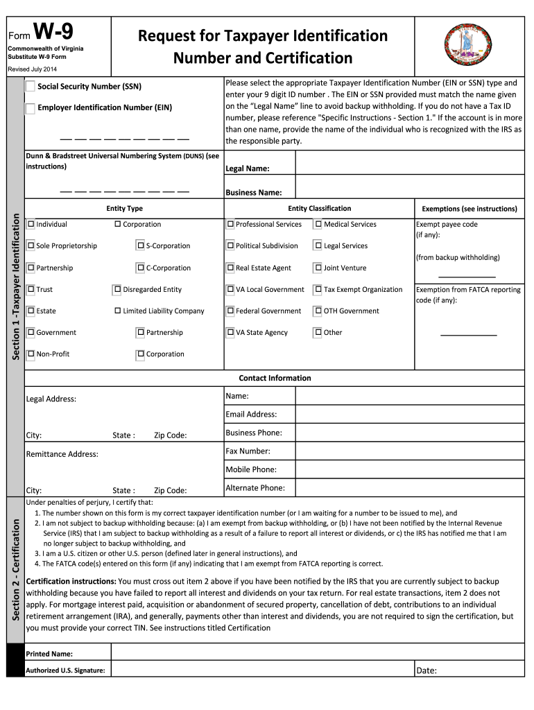 2014 Form VA Substitute W 9 Fill Online Printable Fillable Blank PdfFiller