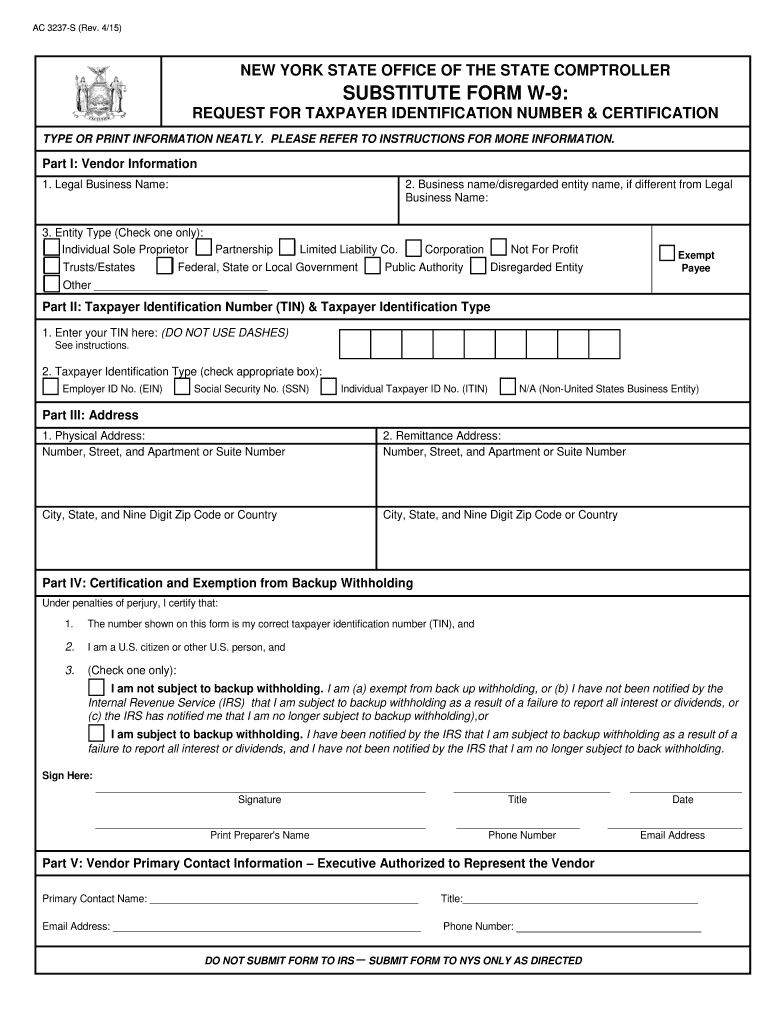 2015 NY Substitute Form W 9 Fill Online Printable Fillable Blank PdfFiller