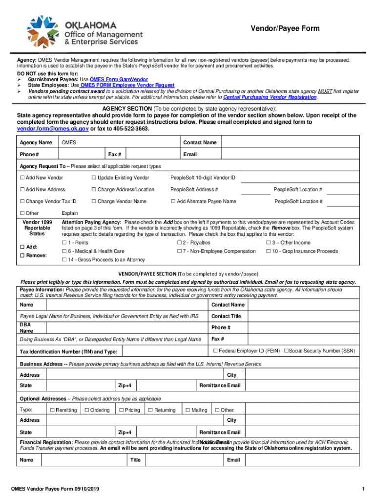 2019 2024 OK OMES Vendor Payee Form Fill Online Printable Fillable Blank PdfFiller