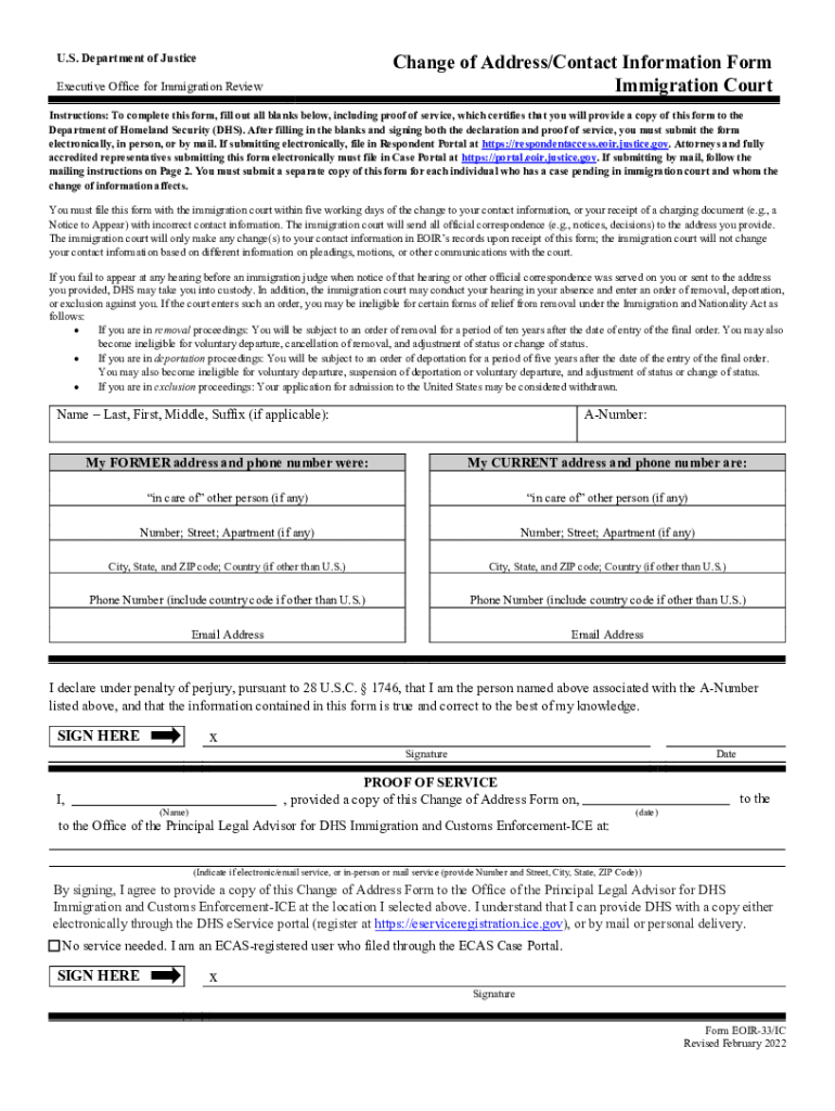 2022 2025 Form DoJ EOIR 33 IC Fill Online Printable Fillable Blank PdfFiller