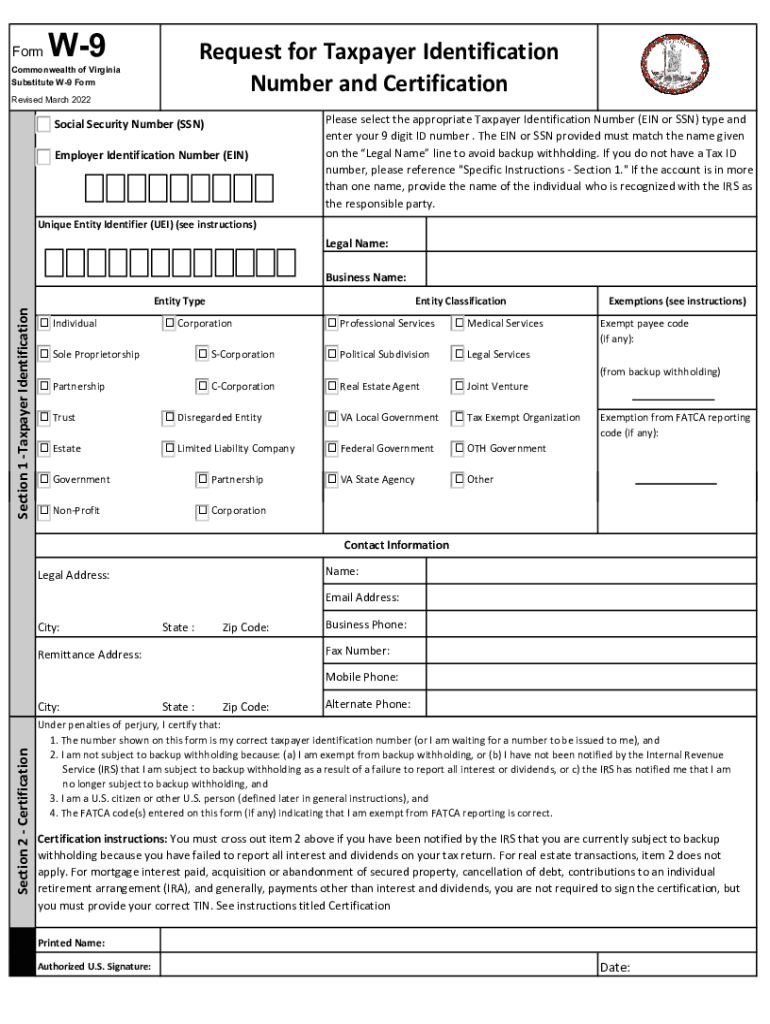 2022 2025 Form VA Substitute W 9 Fill Online Printable Fillable Blank PdfFiller