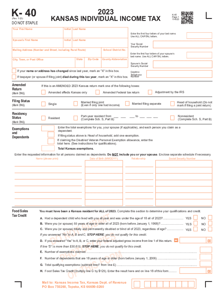 2023 Form KS DoR K 40 Fill Online Printable Fillable Blank PdfFiller