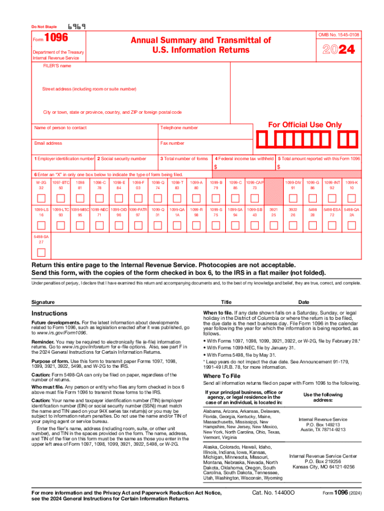 2024 Form IRS 1096 Fill Online Printable Fillable Blank PdfFiller