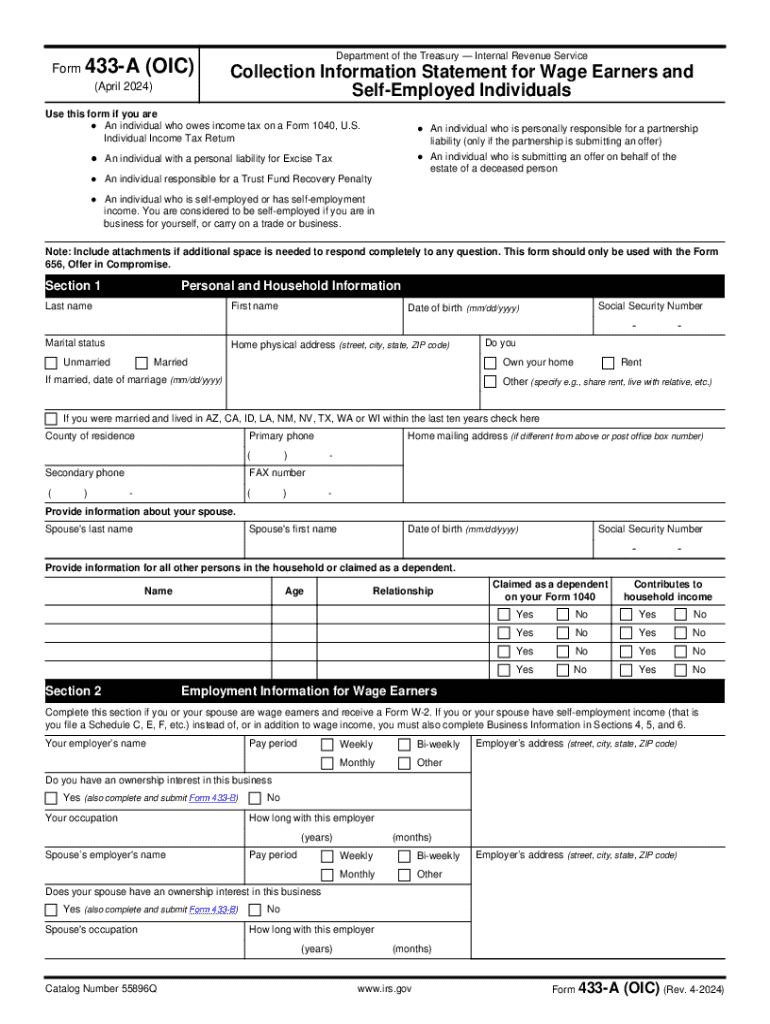 2024 Form IRS 433 A OIC Fill Online Printable Fillable Blank PdfFiller