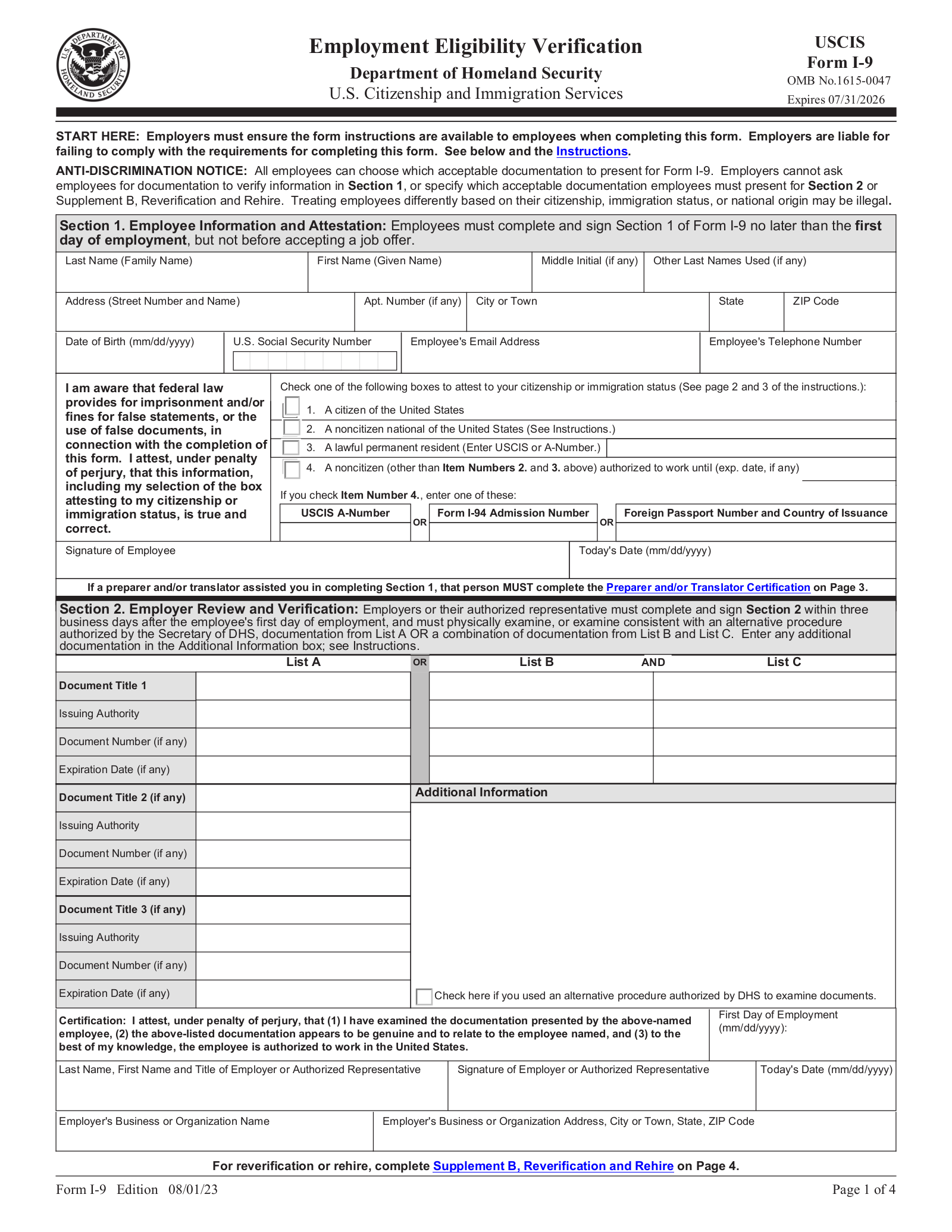 Free I 9 Form Employment Eligibility Verification PDF EForms