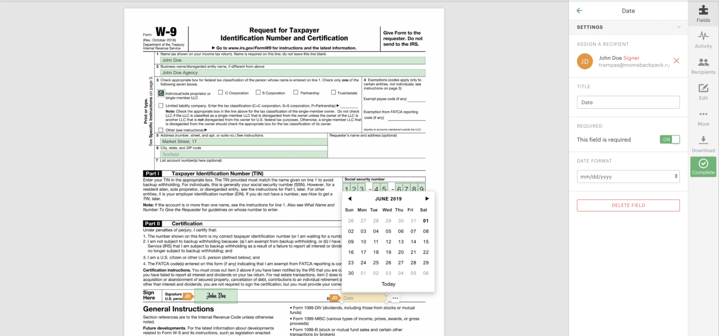 Fillable Irs Form W9