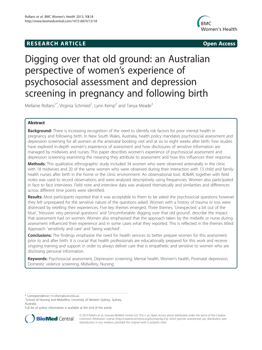 PDF Digging Over That Old Ground An Australian Perspective Of Women s Experience Of Psychosocial Assessment And Depression Screening In Pregnancy And Following Birth