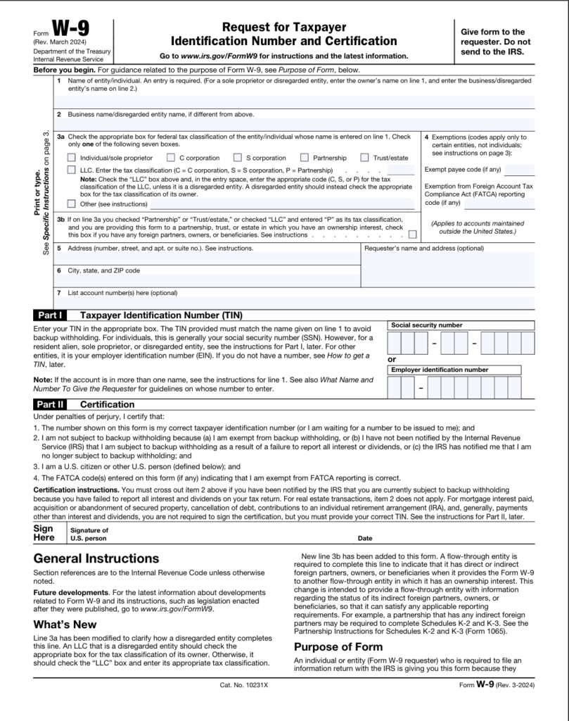 W9 Form 2025 Printable Fillable Blank Instructions Download