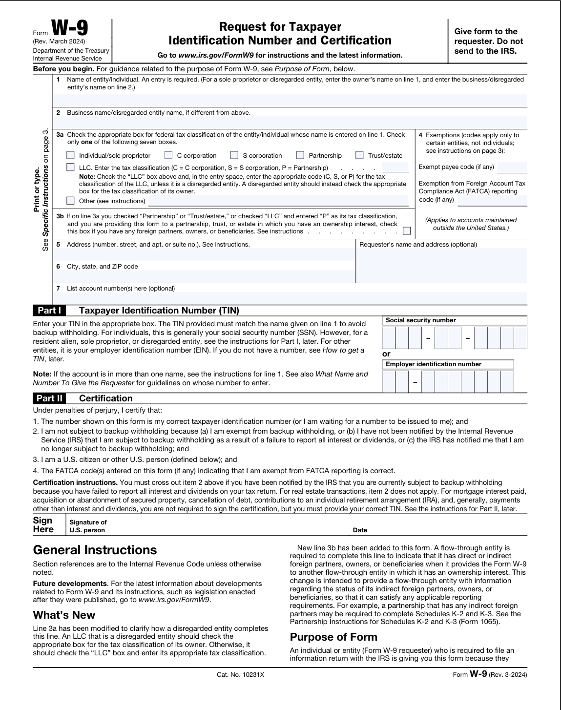 W9 Form 2025 Printable Fillable Blank Instructions Download